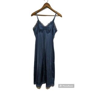Vintage 70s Vassarette Navy Blue Nylon Tricot Full Slip Lace Trim 34 M Long